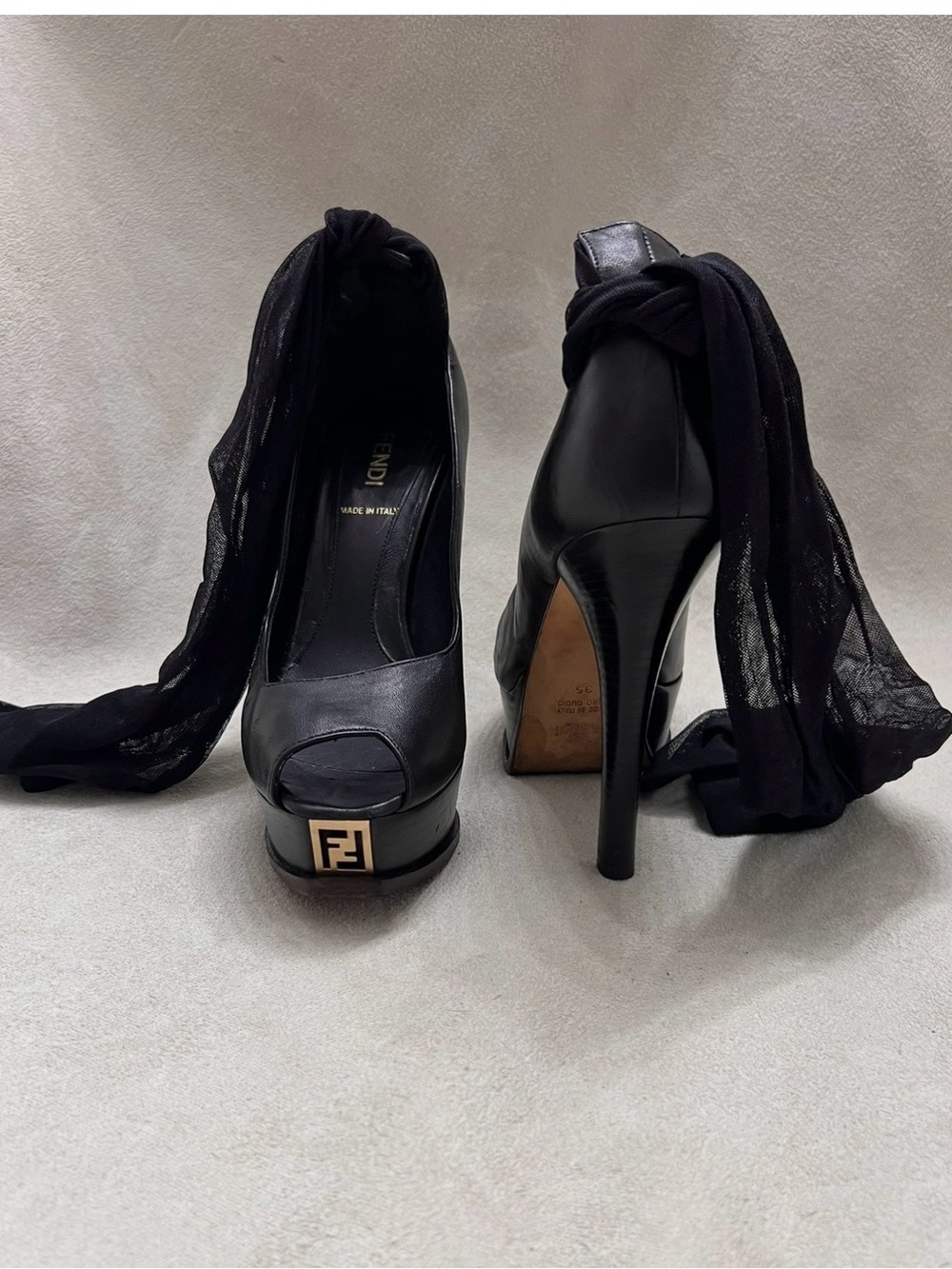 Fendi Black Leather Peep-Toe Platform Cinderella with Ankle Ribbon